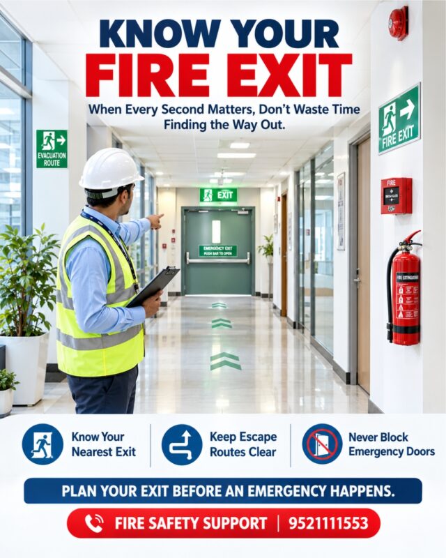 Clearly marked fire exit door in a commercial building for emergency evacuation