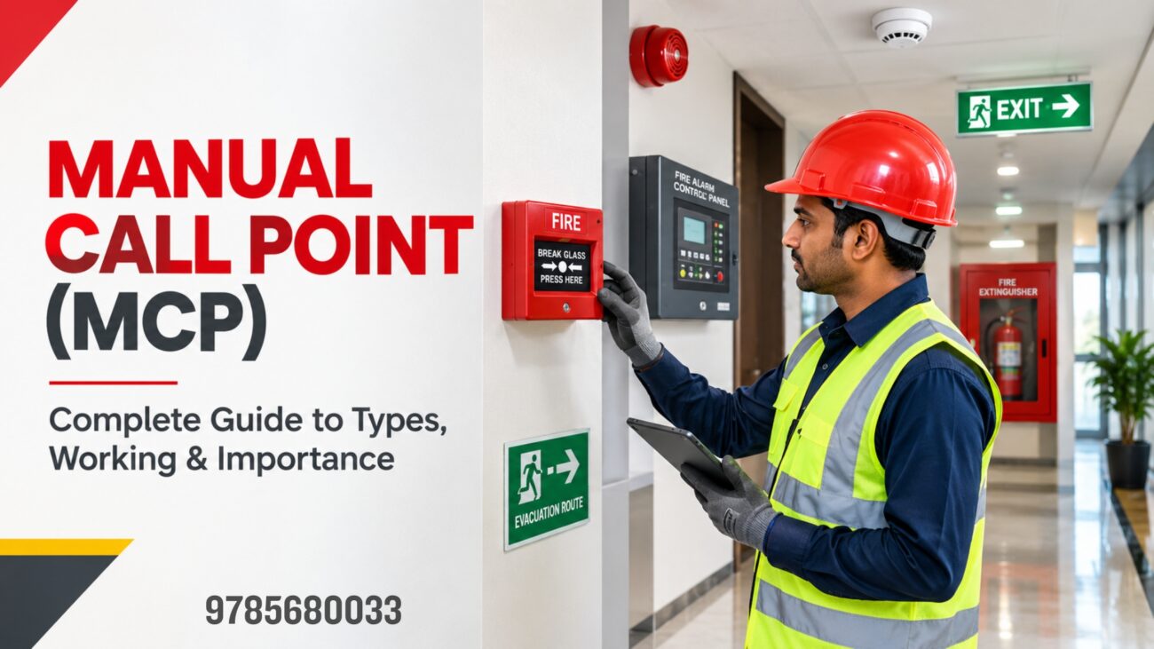 Call Point fire alarm device mounted, safety equipment., fire safety guide, manual guide