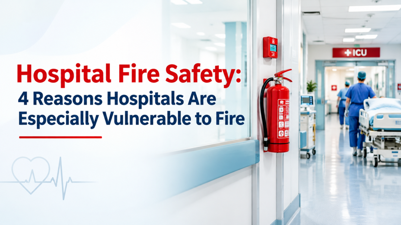 Hospital fire safety with fire extinguisher in a hospital corridor