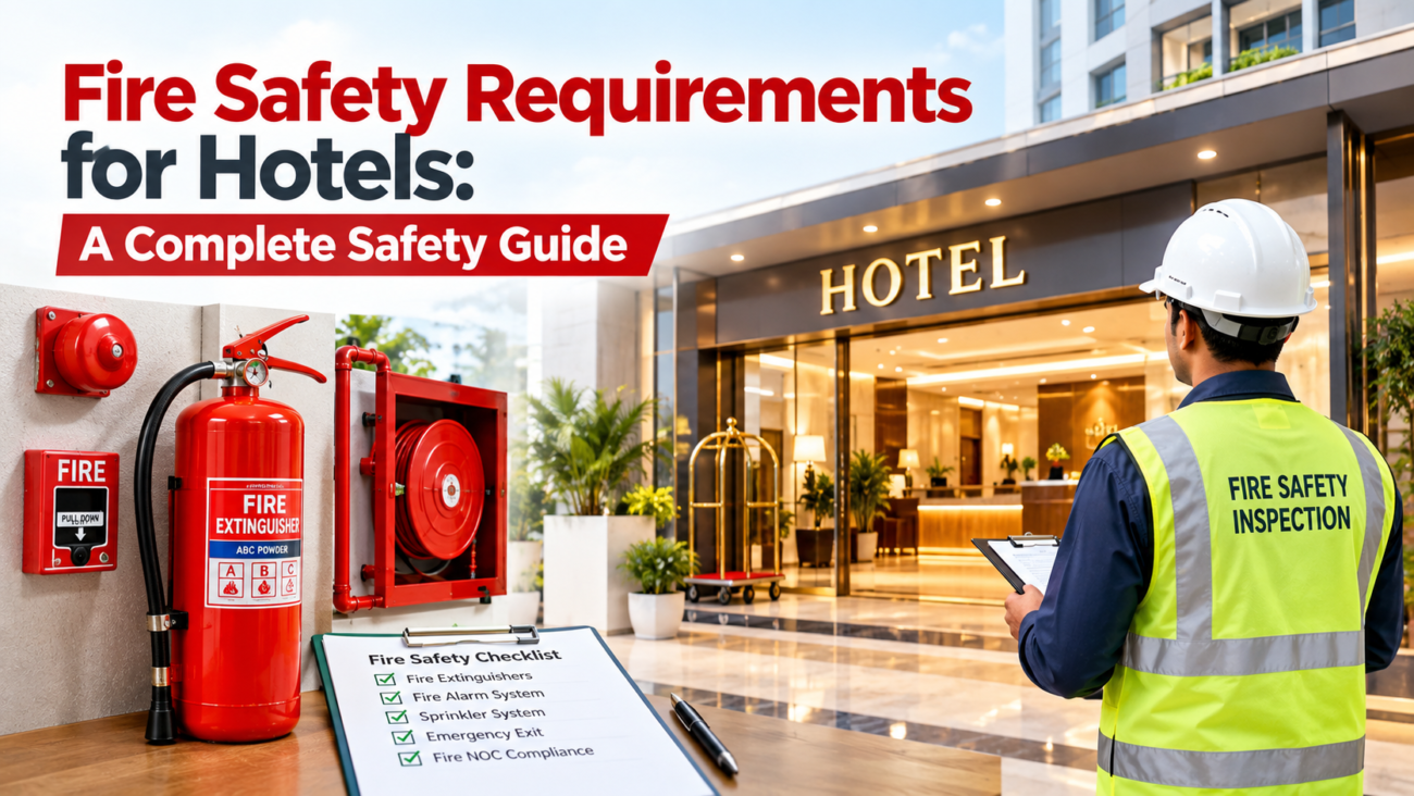 Fire Safety Requirements for Hotels: A Complete Safety Guide featuring hotel fire extinguishers, fire alarm systems, hose reels, emergency exits, and a professional fire safety inspection.
